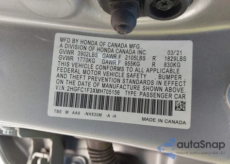 2021 Honda Civic Ex из США, поврежденный, VIN 2HGFC1F3XMH705156